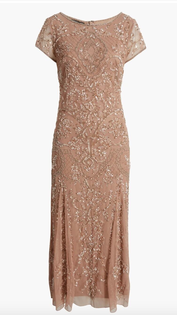 PISARRO NIGHTS New Beige Nude Beaded Mesh Midi Cocktail Dress Holiday NWT Sz 4